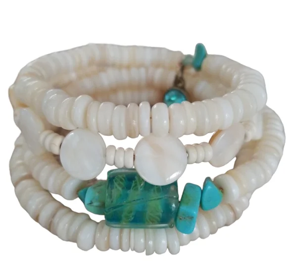 Hand Crafted Art Glass and Natural Shell Wrap Bracelet NWT - Picture 2 of 6